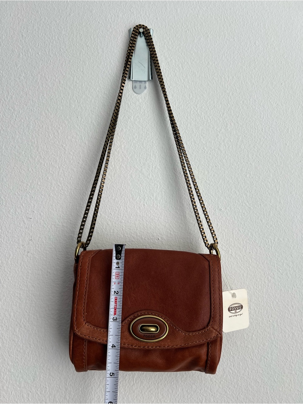 Fossil Colette Flap Mini Saddle. Brown Leather Bag w/ Chain Strap. NWT